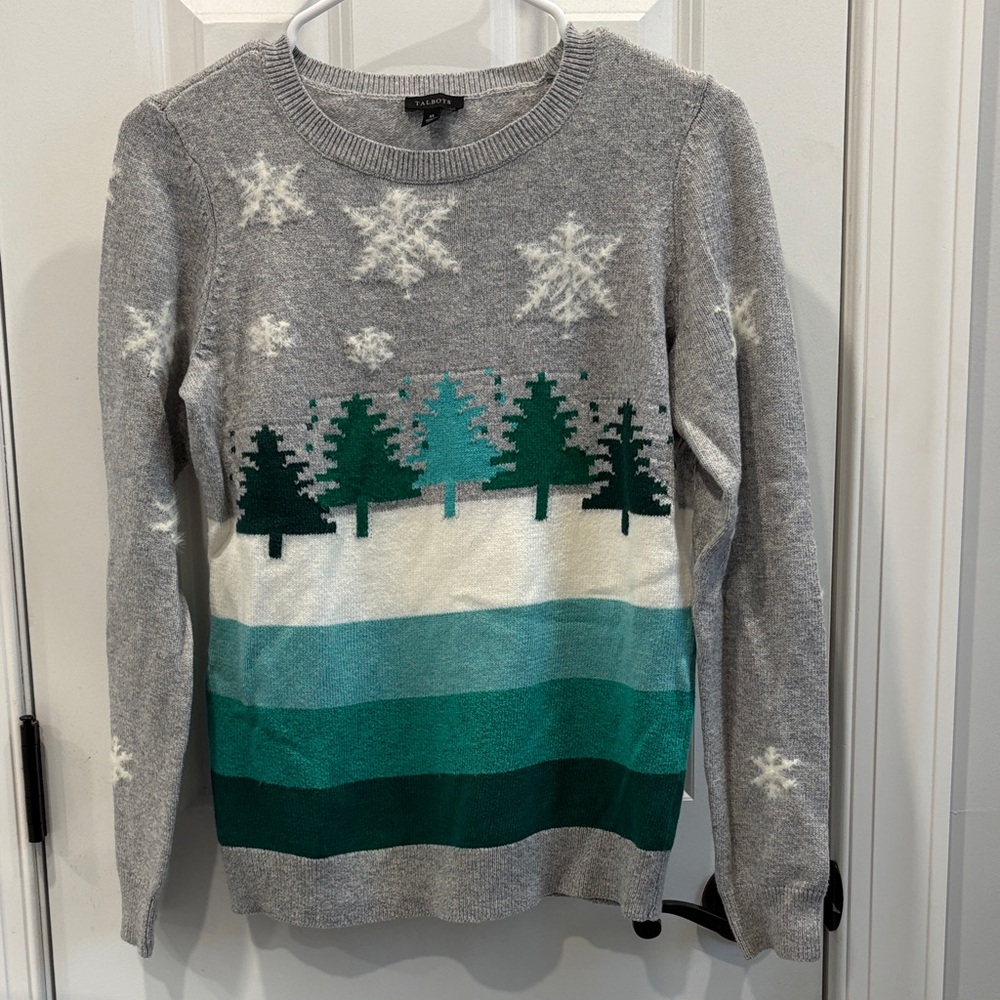 Talbots Snowflake Tree Winter Gray Grey Green White Sweater CS